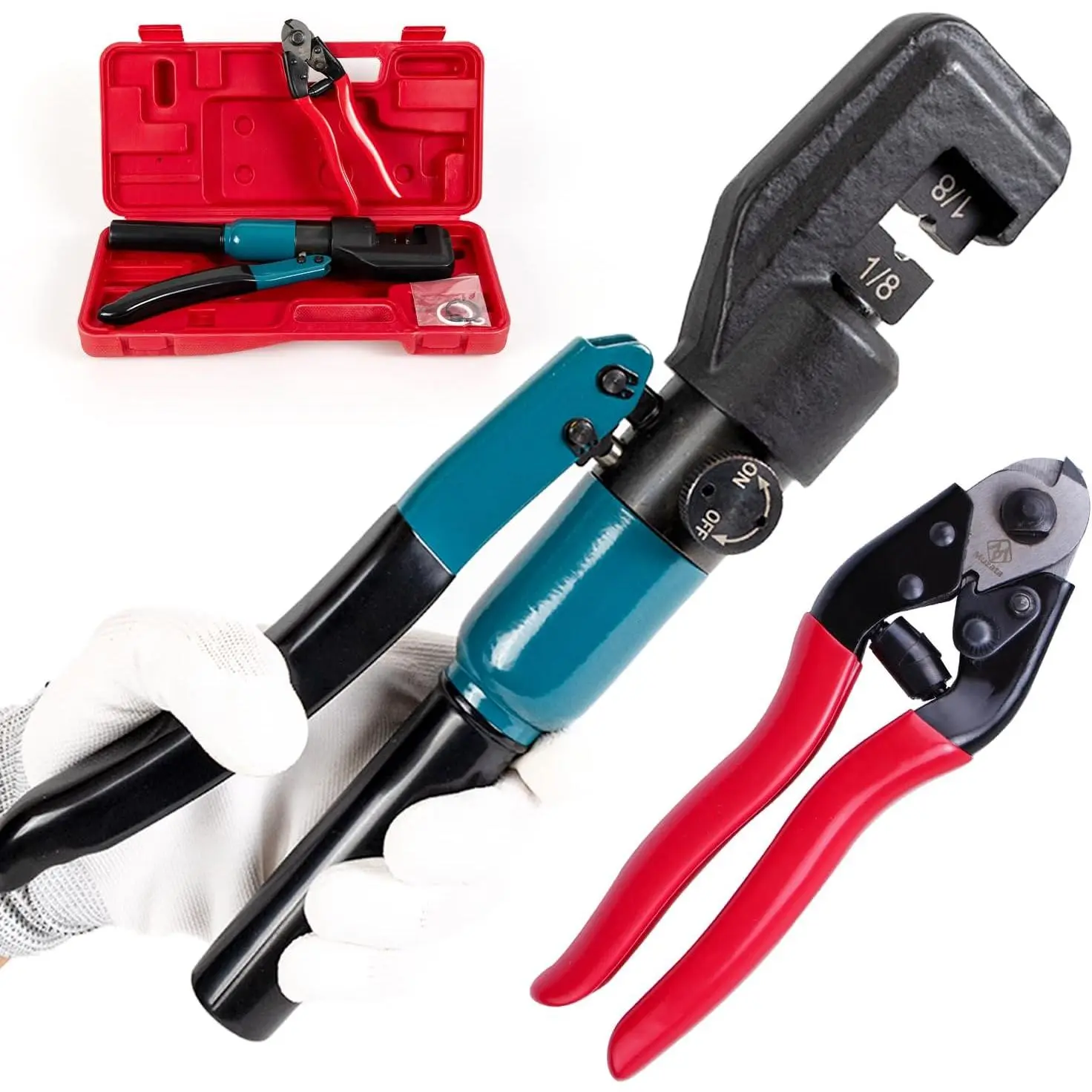 Custom Hydraulic Cable Railing Crimping Tool with Wire Cutter, 1/8" Stainless Steel Cable Railing & Wire Rope Swaging Kit (CR09 CK12), 1/8" Cable Railing Kit, No Warning Applicable