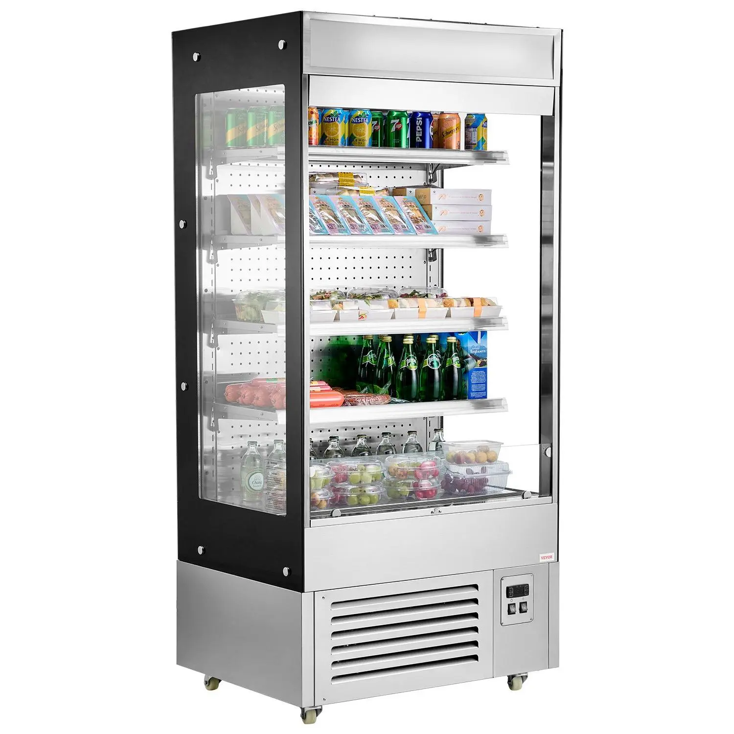 VEVOR 4-Tier Adjustable Shelves Open Air Merchandiser, 18.4 cu ft Commercial Compressor Refrigerator with Air Curtain, 8mm Tempered Glass, LED Advertising Light, Auto Defrost for Restaurants, Stores