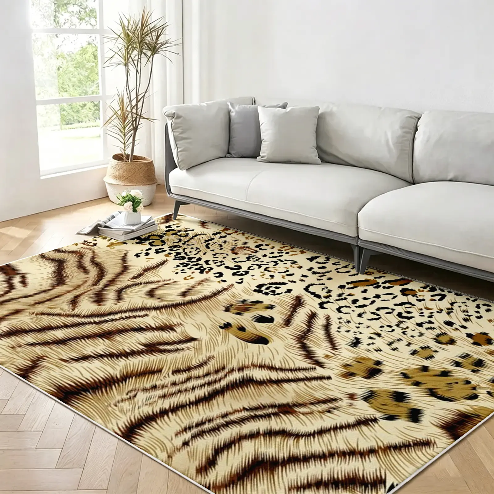 1PC Trendy Safari Area Rug, Wild Patchwork Tiger and Cheetah Pattern Carpet, Non-Slip TPR, Soft Low-Pile, Machine-Washable Floor Rug, Stain-Resistant, Aesthetic Decor for Living Room and Bedroom (Various Sizes)