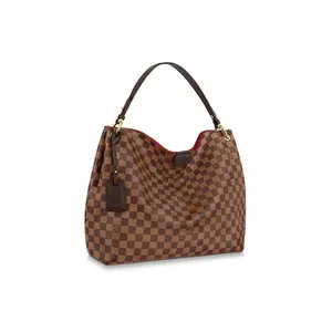 Louis Vuitton Graceful Checkered Coated Canvas and Leather-Trimmed Hobo Tote Bag for Women, Medium, Brown