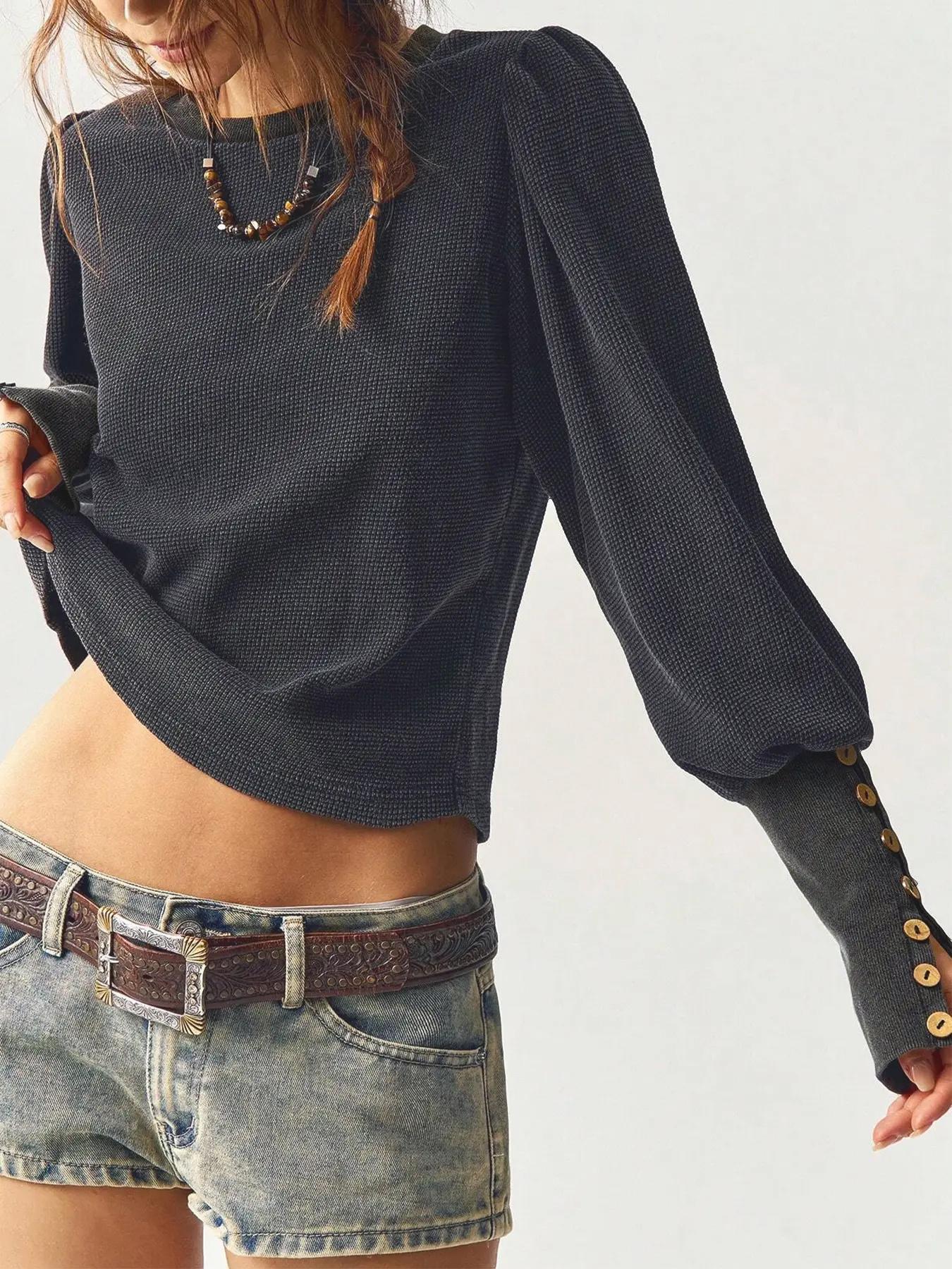 Women's Solid Color Button Decor Basic Tee, Casual Long Sleeve Round Neck Jumper T-shirt for Spring & Fall, Fashion Women's Clothes for Daily Wear, Tops