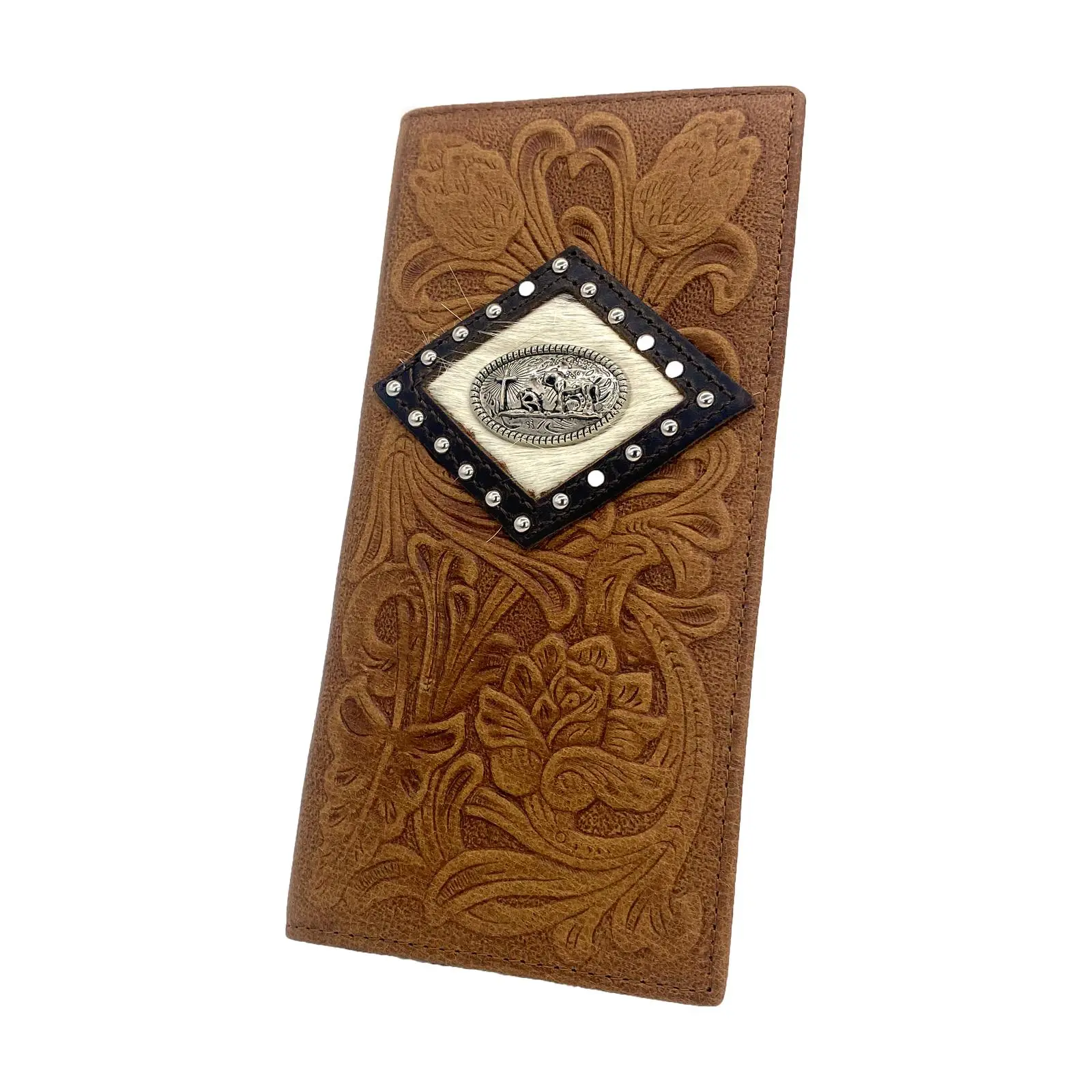 Western Cowgirl Full Grain Leather Long Checkbook Wallet For Men,Vintage Floral Embossed Prayer Concho Studded Bifold Wallet