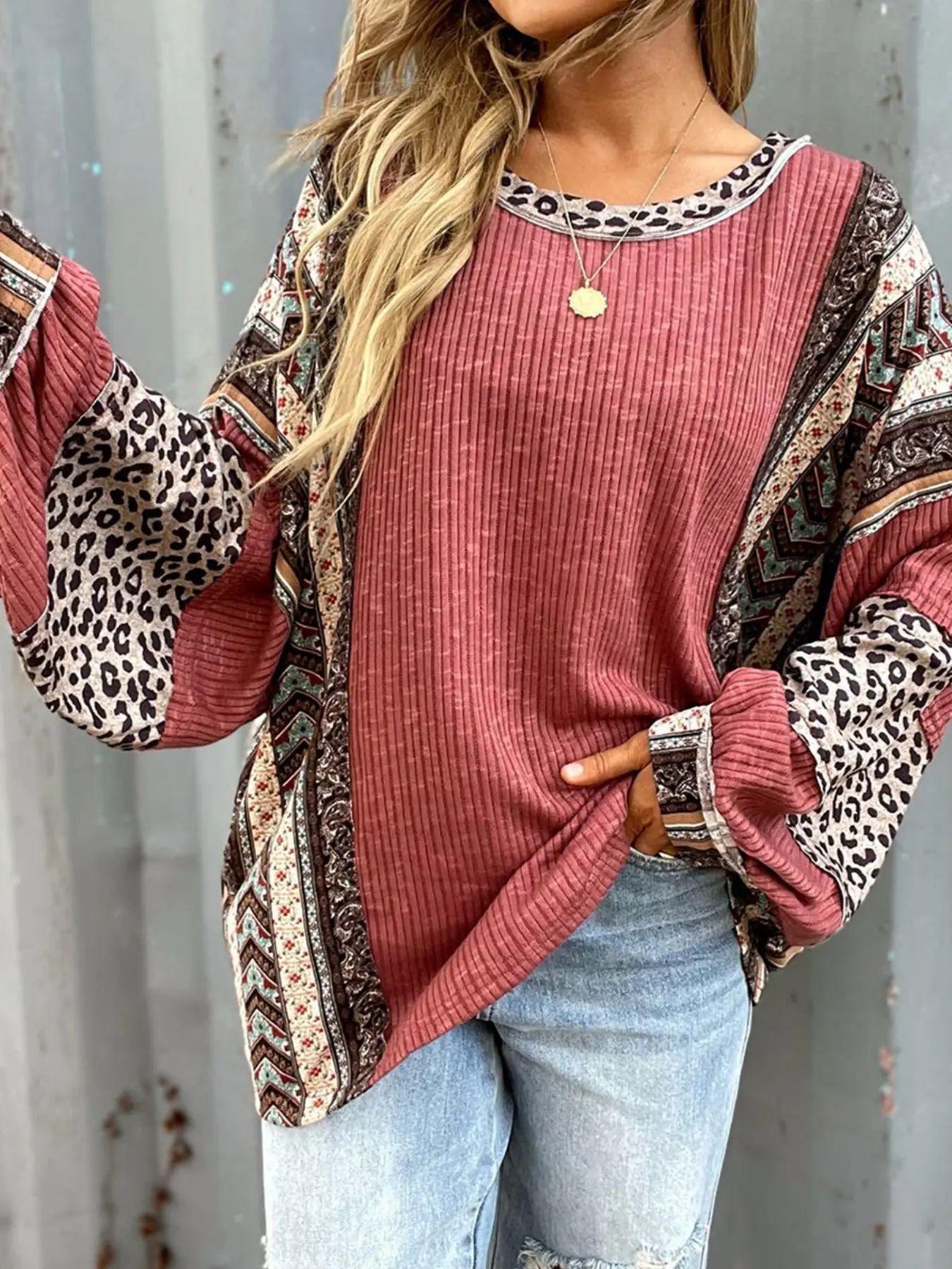 Women's Leopard Print Colorblock Long Sleeve Top, Bohemian Boho Lantern Sleeve Casual Shirt, Round Neck Loose Fit Hoodie/jumper