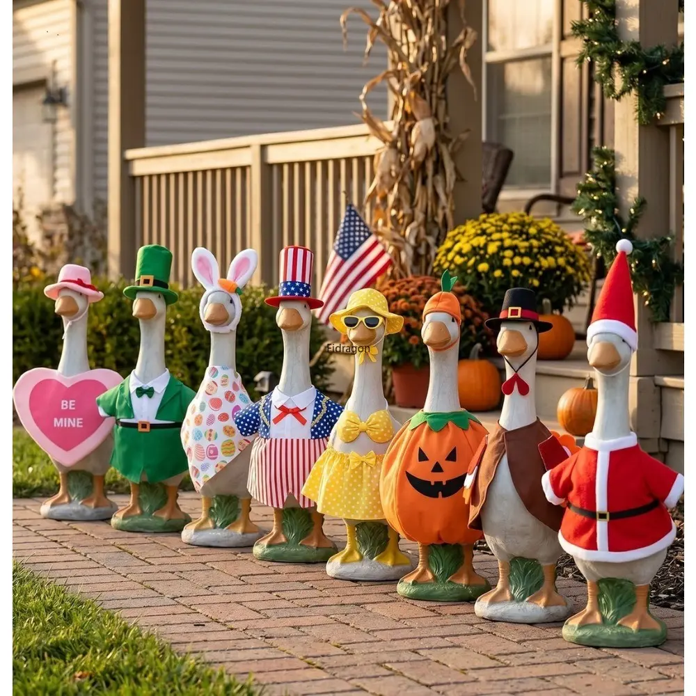 8-Set Outdoor Holiday Porch Goose Clothes Bundle, All-Seasons Statue Figurine for Porch Decoration