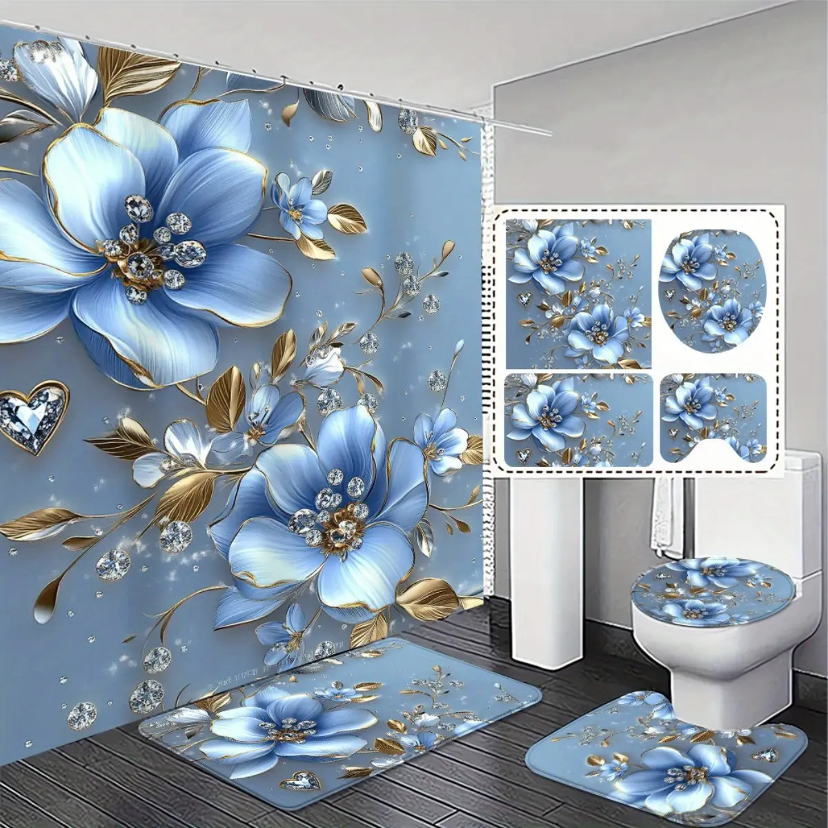 2D flat model, 4-piece bathroom set, elegant and gorgeous blue floral shower curtain set, including non-slip floor mats and toilet covers, exquisite and practical home decoration gifts.