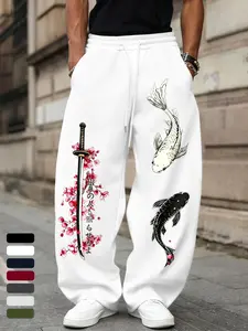 Men's Cherry Blossom Samurai Sword Koi Japanese Print Drawstring Wide Leg Oversized Sweatpants, Casual Loose Fit Long Pants