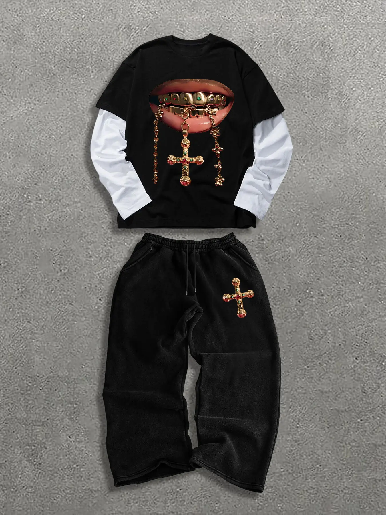 Men's Hip Hop Street Style Two-Piece Set, Long Sleeve Graphic Tee & Straight Leg Pants, Comfortable Breathable Casual