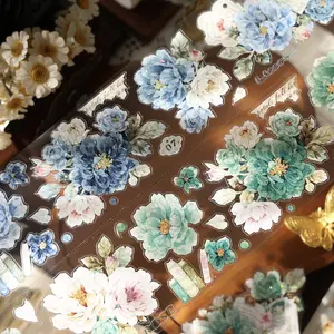 Vintage Green Floral Shimmer PET Sticker Tape Roll – 5M/Roll Die-Cut Decorative PET Stickers for Junk Journaling Decor, Scrapbook & DIY Crafts