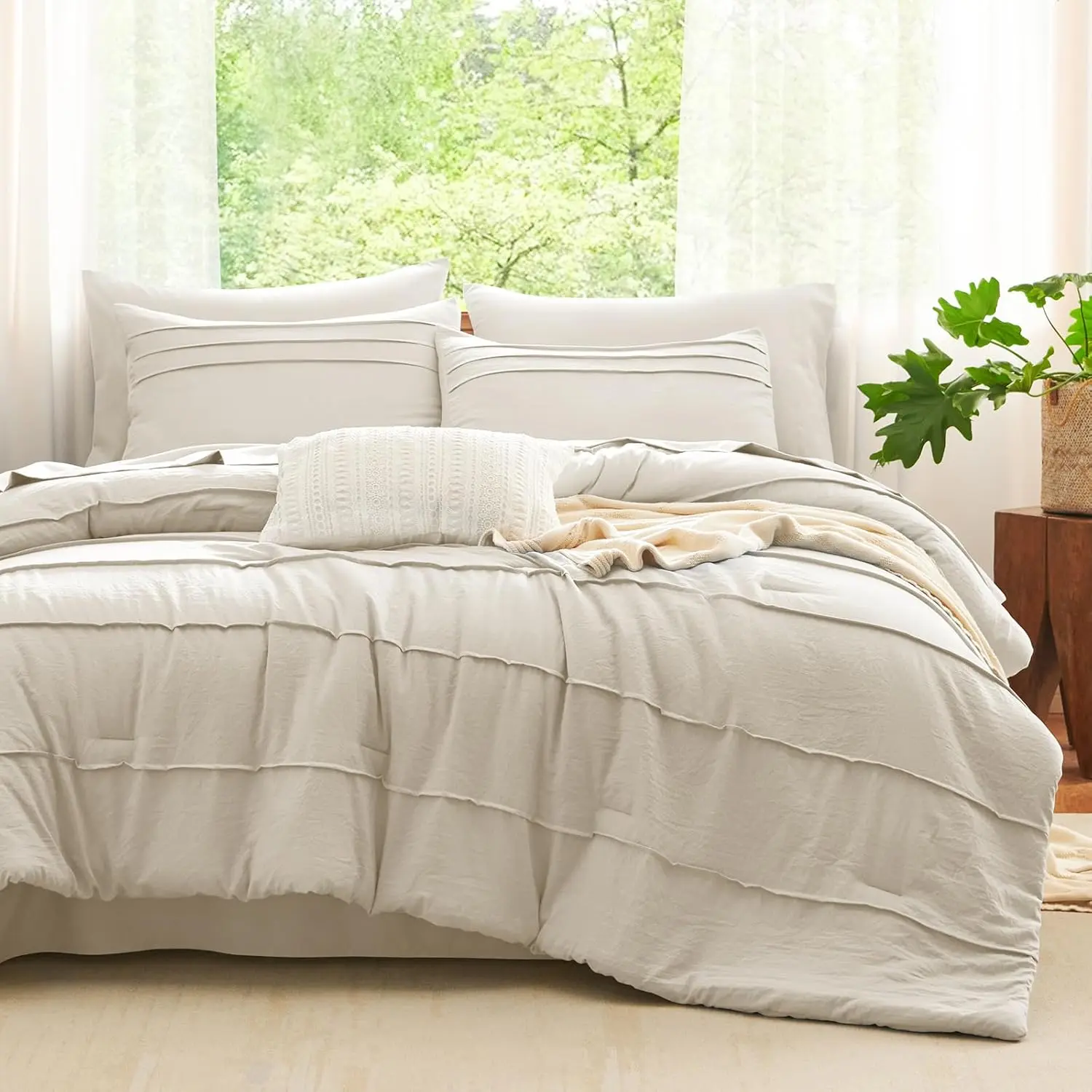 Queen Comforter Set Beige, 7 Pieces Soft Pleat Bed in a Bag Queen Comforter Set with Sheets, Boho Bed Set with Down Alternative Comforter, Sheets, Pillowcases & Shams