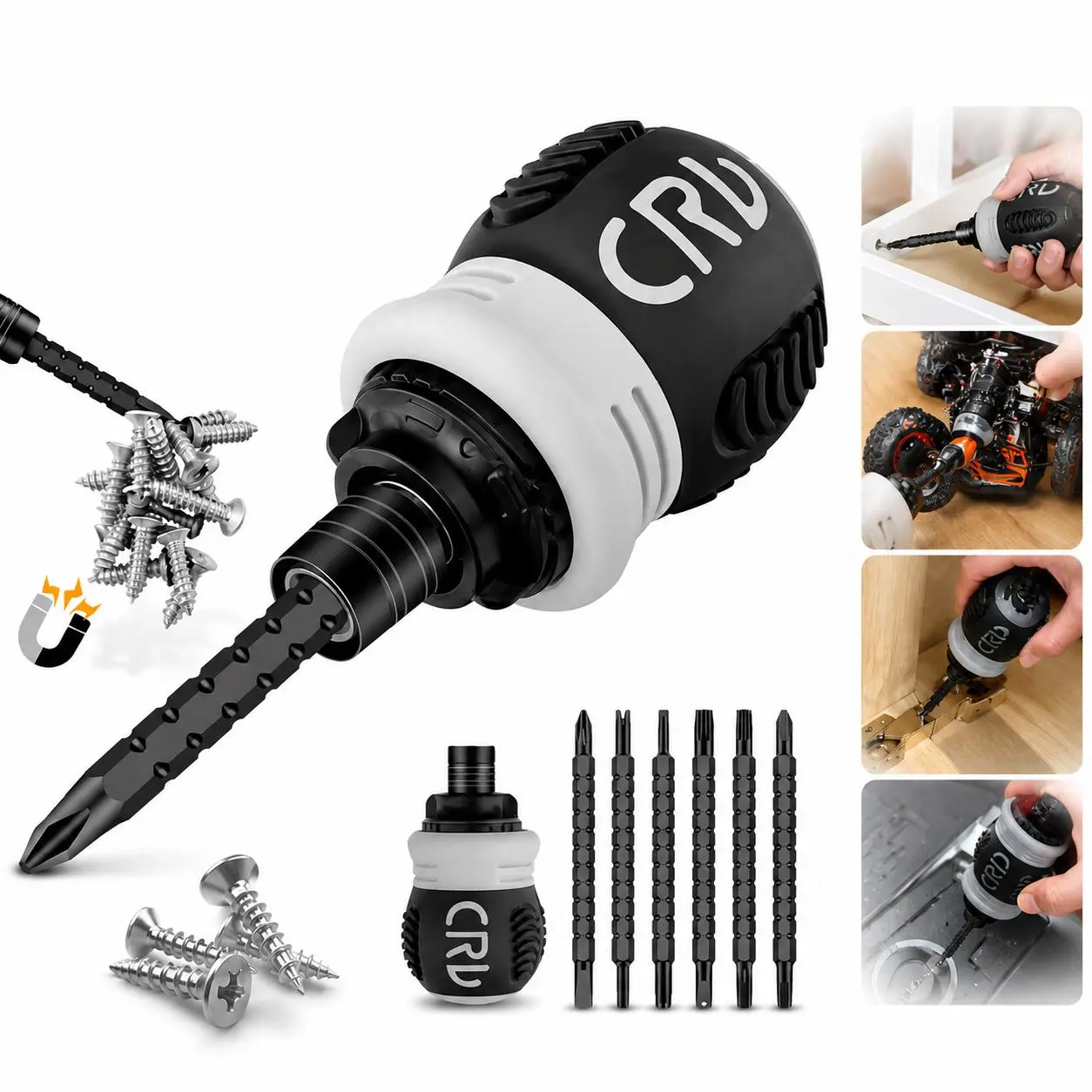 12-in-1 Stubby Ratcheting Screwdriver Set, Magnetic Multi-Bit Short Screwdriver with CR-V Bits for Tight Spaces