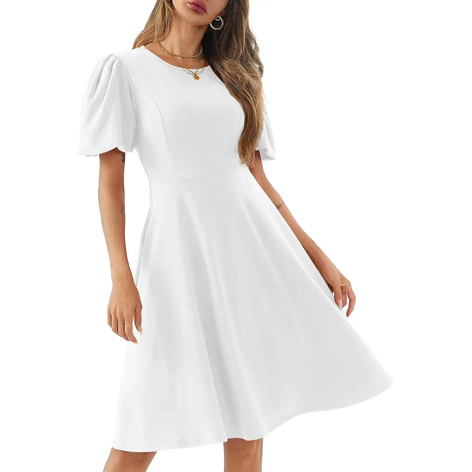 Church Dress for Women 2026 Summer Round Neck Short Puff Sleeve Casual Cocktail Dinner Work Wedding Guest Midi Dresses