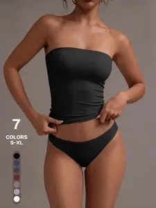 Strapless Bandeau Top and Bikini Bottom Set, Form-Fitting Stretchy Two-Piece Ensemble, 7 Colors, Sizes S-Xl, Versatile Everyday Wear