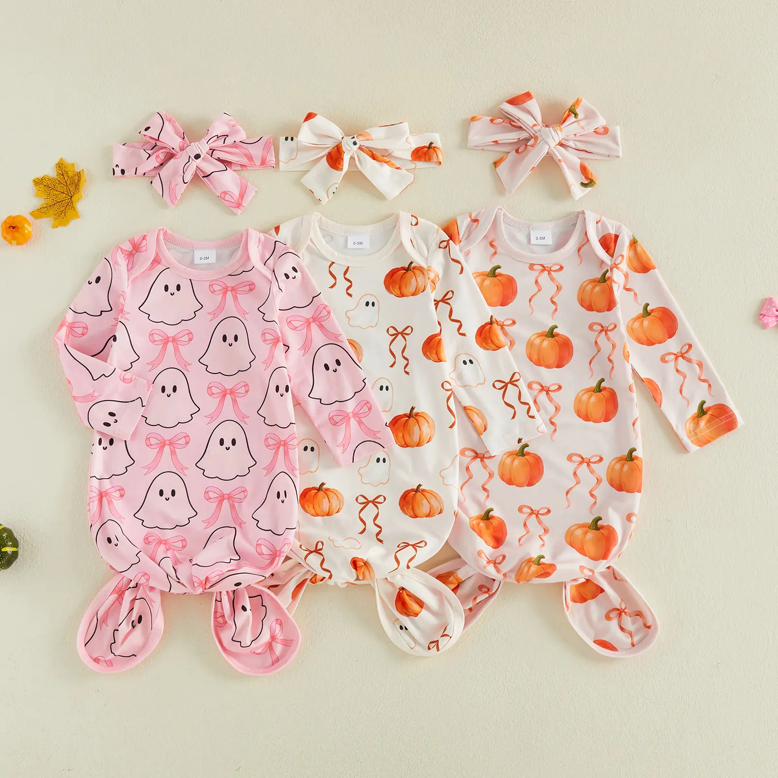Canrulo Newborn Baby Girl Halloween Sleeping Bag Set Long Sleeve Ghost Pumpkin Bow Print Swaddle with Headband Sleeping Sack Clothes 0-3 Months