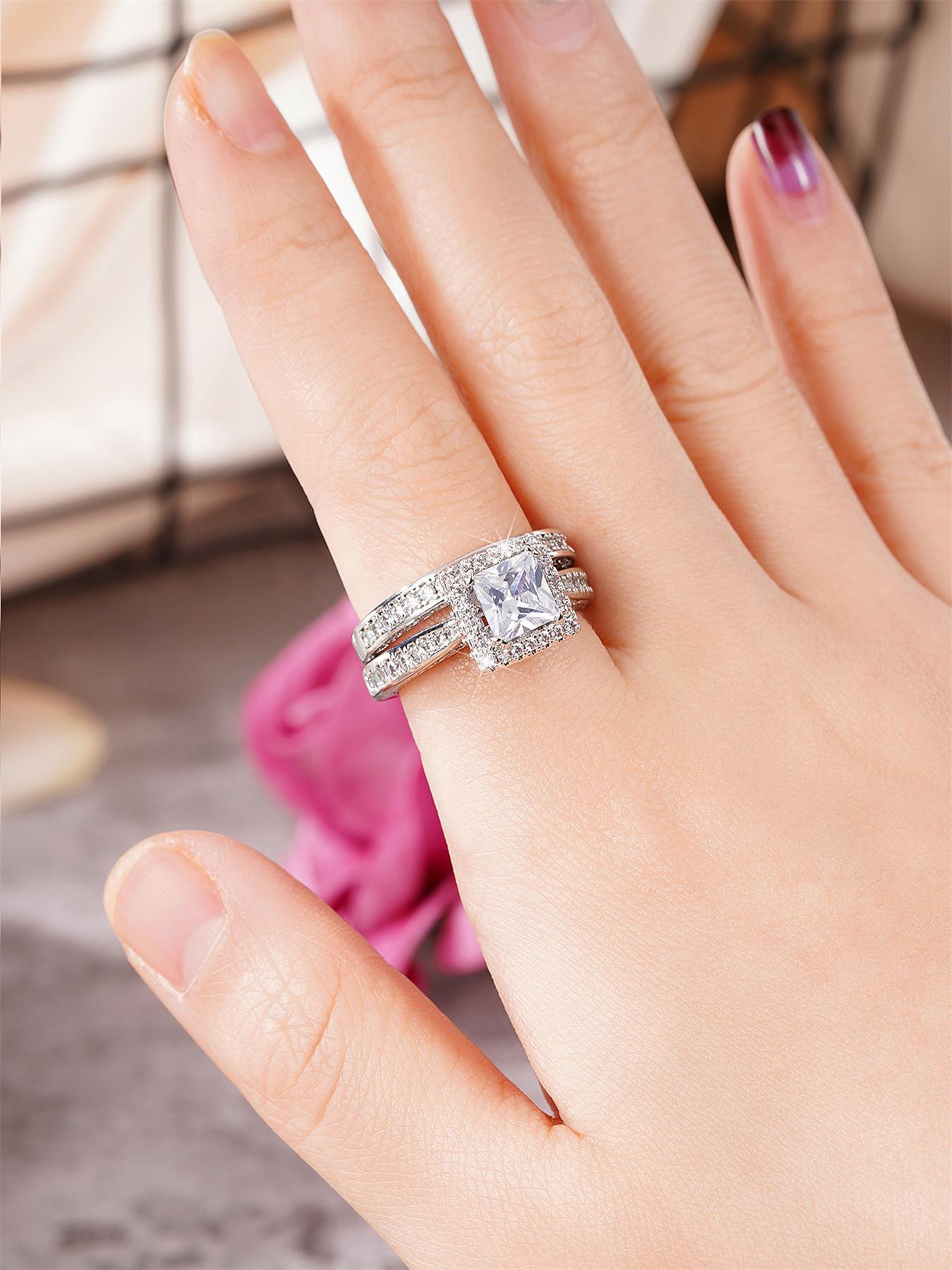 Elegant Rhinestone Decor Rings As Gift for Girlfriend, 2pcs/set Fashion Cluster Ring Bridal Engagement Ring for Wedding Party & Engagement Decor, Iced out Jewelry for Her, Statement Rings