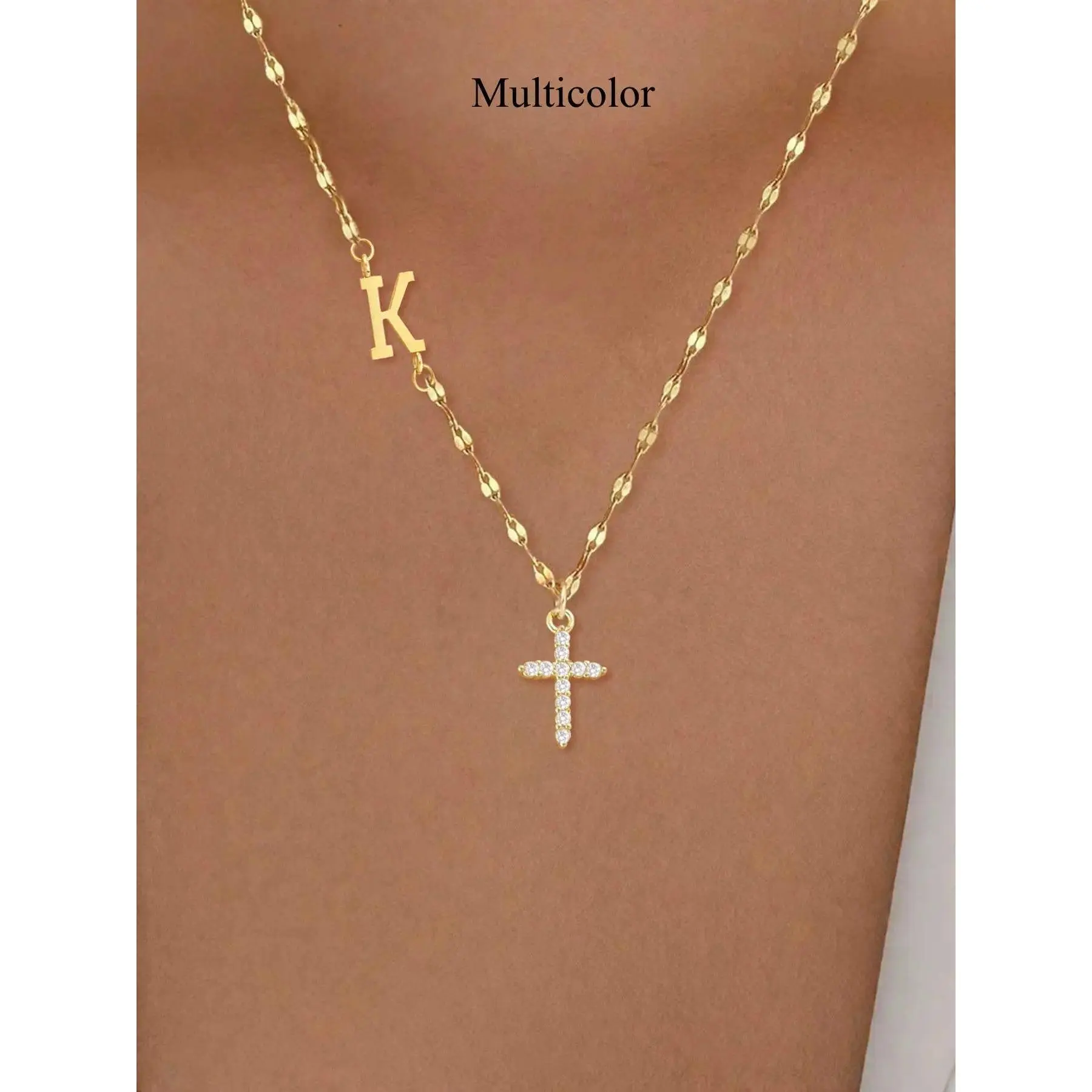 Y2K Stainless Steel, Initial Cross Necklace, For Women, Zirconia Crown Pendant & Non-Elastic Spliced Lip Chain, Hypoallergenic Tarnish Free, Custom Letter Choker Layering Cross Jewelry, Adjustable Length, Personalized Birthday Gift