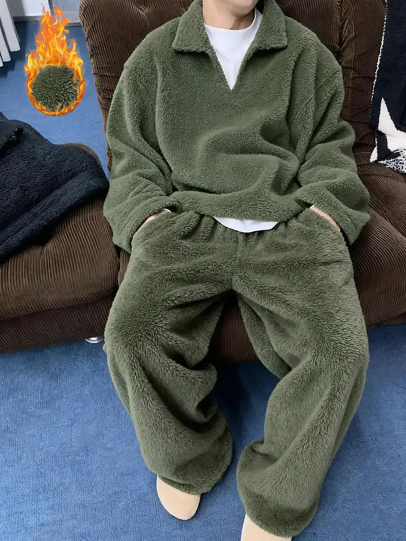 Men's Fleece Set, Lamb Fur Set, Homeewear Set, Sweatshirt Long Pants Set, Plush Set, Sleepwear, Chenille, Embroidery