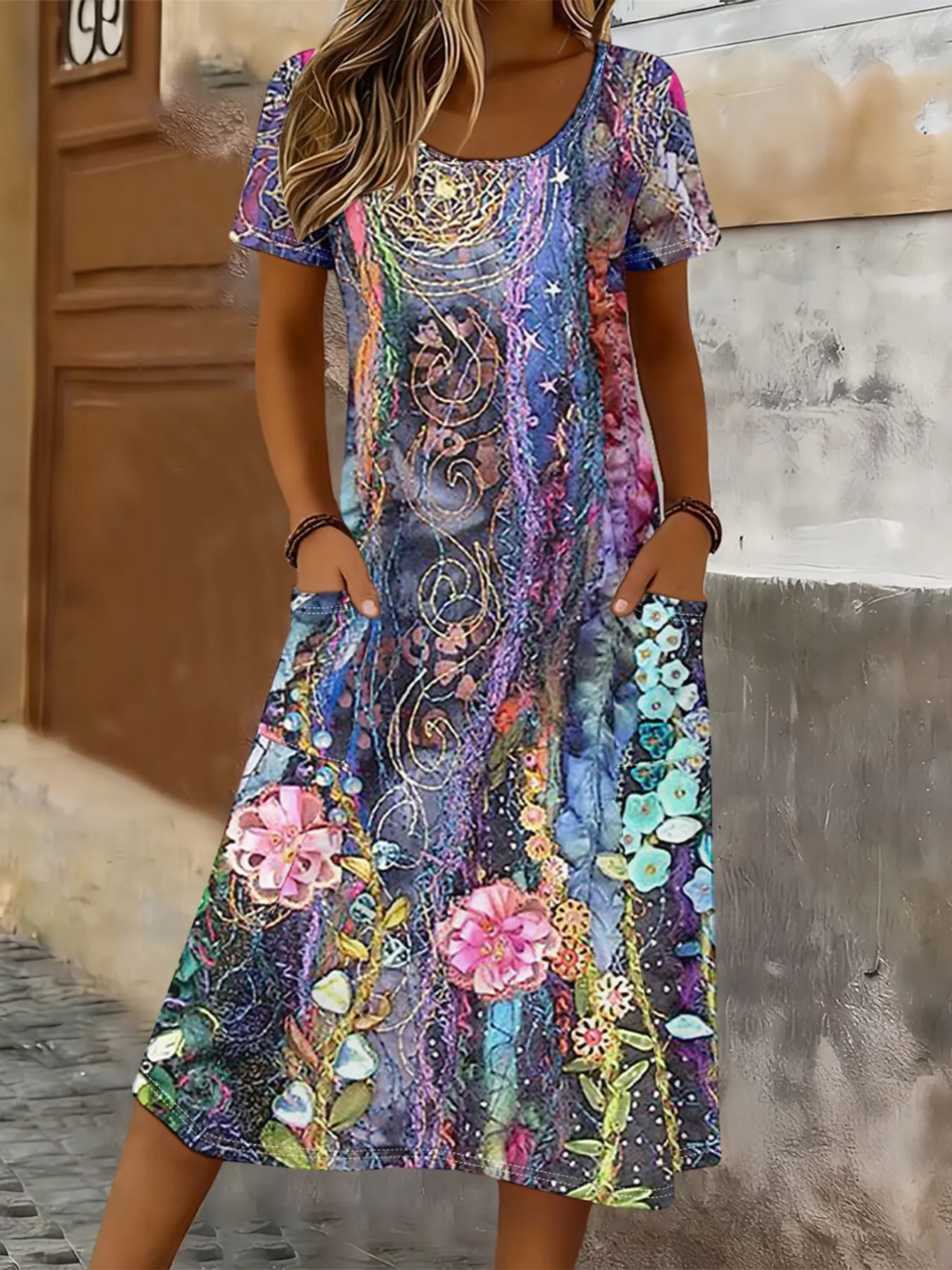 Women's Elegant Casual Printed Round Neck Pocket Short Sleeve Dress Casual Beach Holiday Dresses Fashion Sundress for Summer 2026