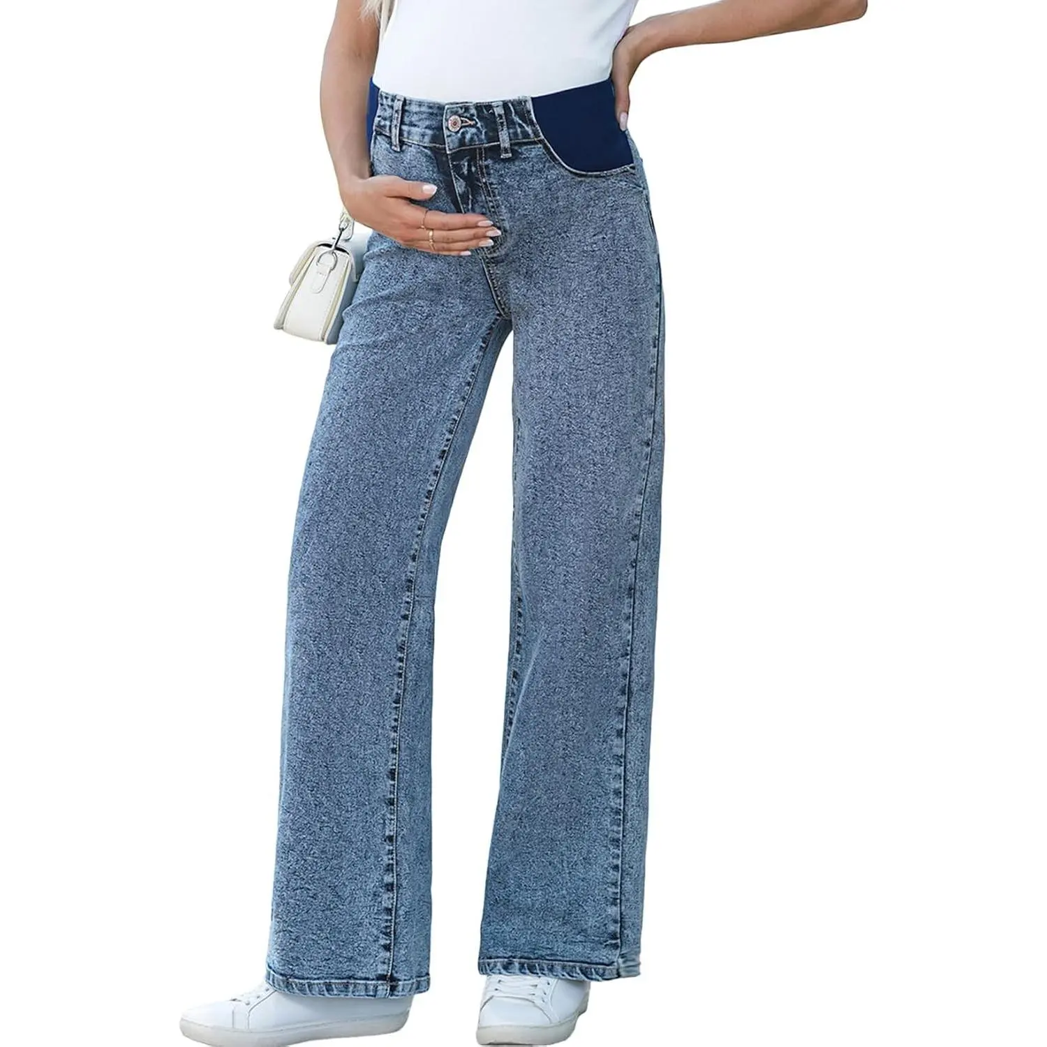 Maternity Jeans for Women Wide Leg Pregnancy Pants | High Waisted Stretchy Trendy Loose Casual Work Denim, Postpartum Outfits with Pockets