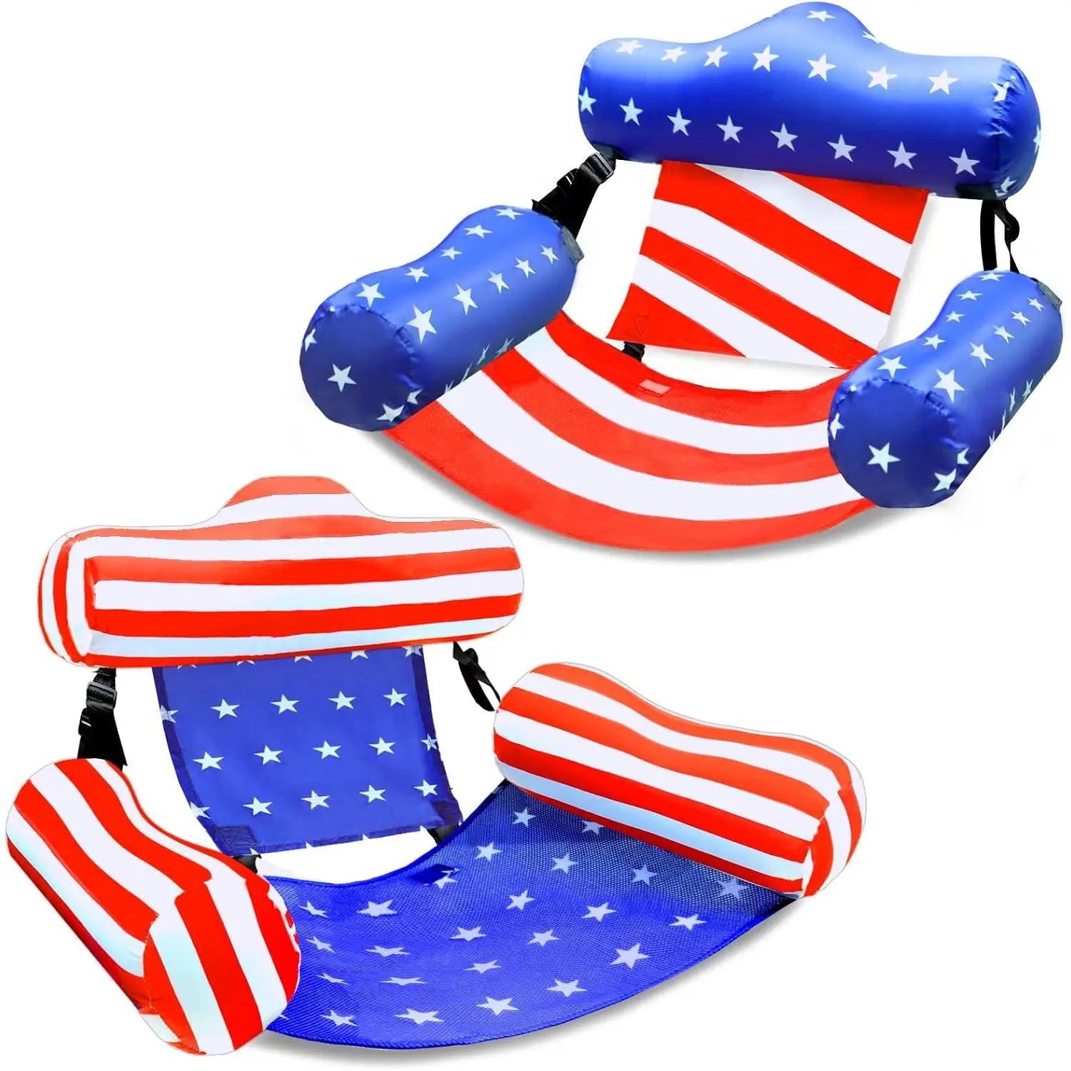 2 Pack Inflatable USA Flag Pool Floats for Adults - 30x16 Inches Blow Up Patriotic Pool Floaties, Red White & Blue Pool Chair Lounger for USA 250th Anniversary, Summer Pool Party, 4th of July Party Favors