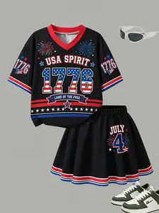 Girls' Summer Retro Sport Set, Usa Spirit V-Neck Top, July 4th Theme Skirt, Patriotic Style, Perfect for Independence Day Celebrations