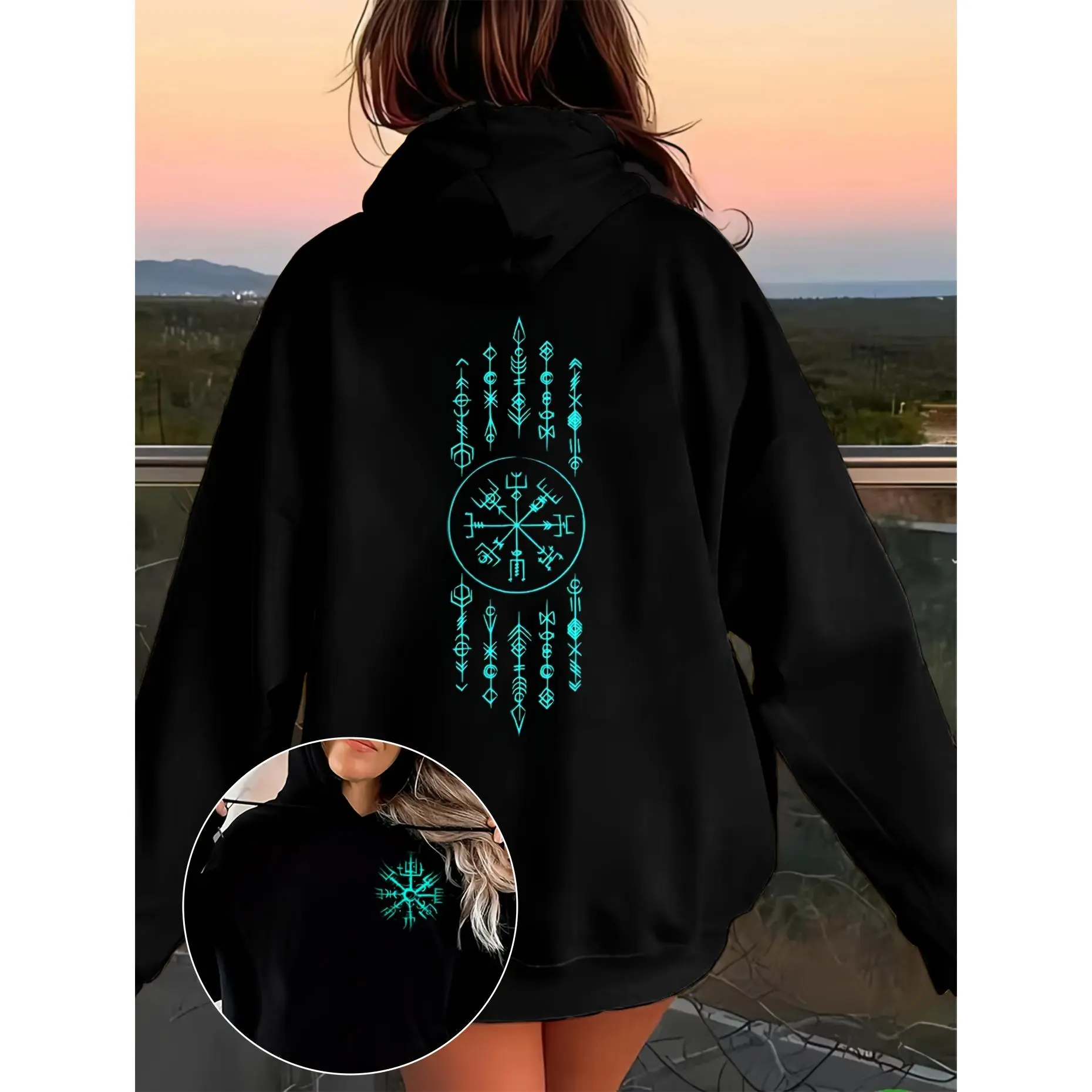 Oversized Black Hoodie with Glowing Turquoise Viking Design - Featuring Vegvísir Compass and Intricate Rune Symbols - Casual and Stylish Pullover for Women, Perfect for Outdoor Adventures and Fashionable Everyday Wear