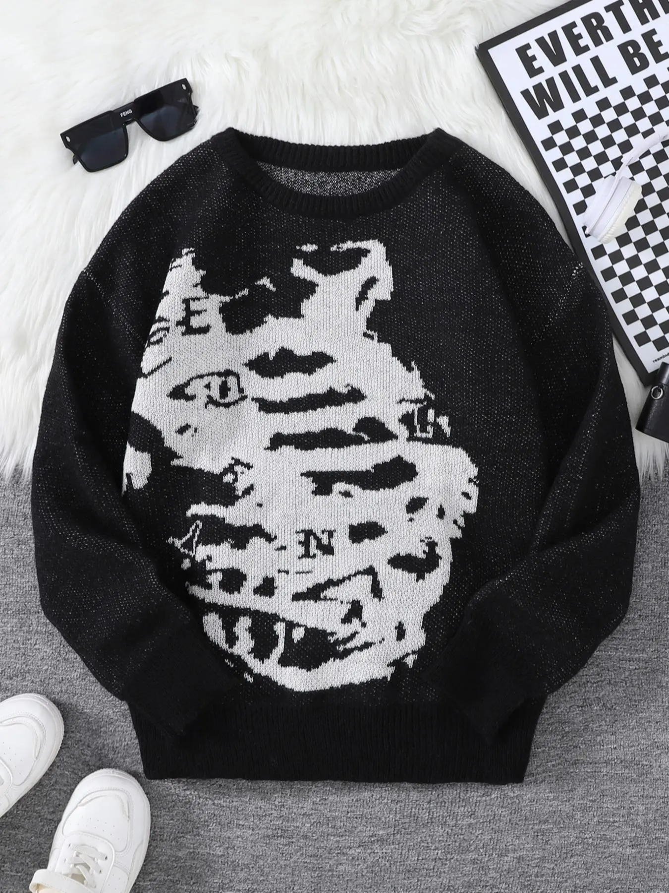 Men's Regular Fit Dinosaur Skeleton Print Drop Shoulder Sweater, Casual Long Sleeve Round Neck Jumper for Fall & Winter, Fashion Men's Knitwear for Daily Wear