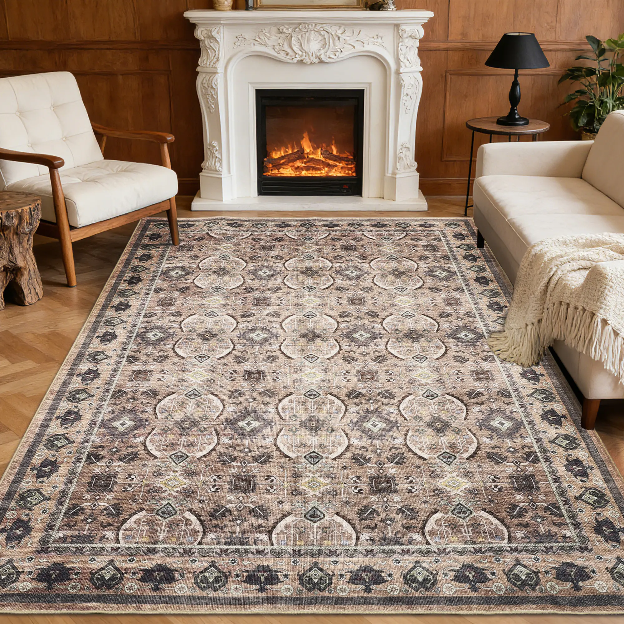 Vintage Boho Area Rug - Washable, Low-Pile, Non-Slip, Stain-Resistant Carpet, Aesthetic Rugs for Bedroom, Living Room
