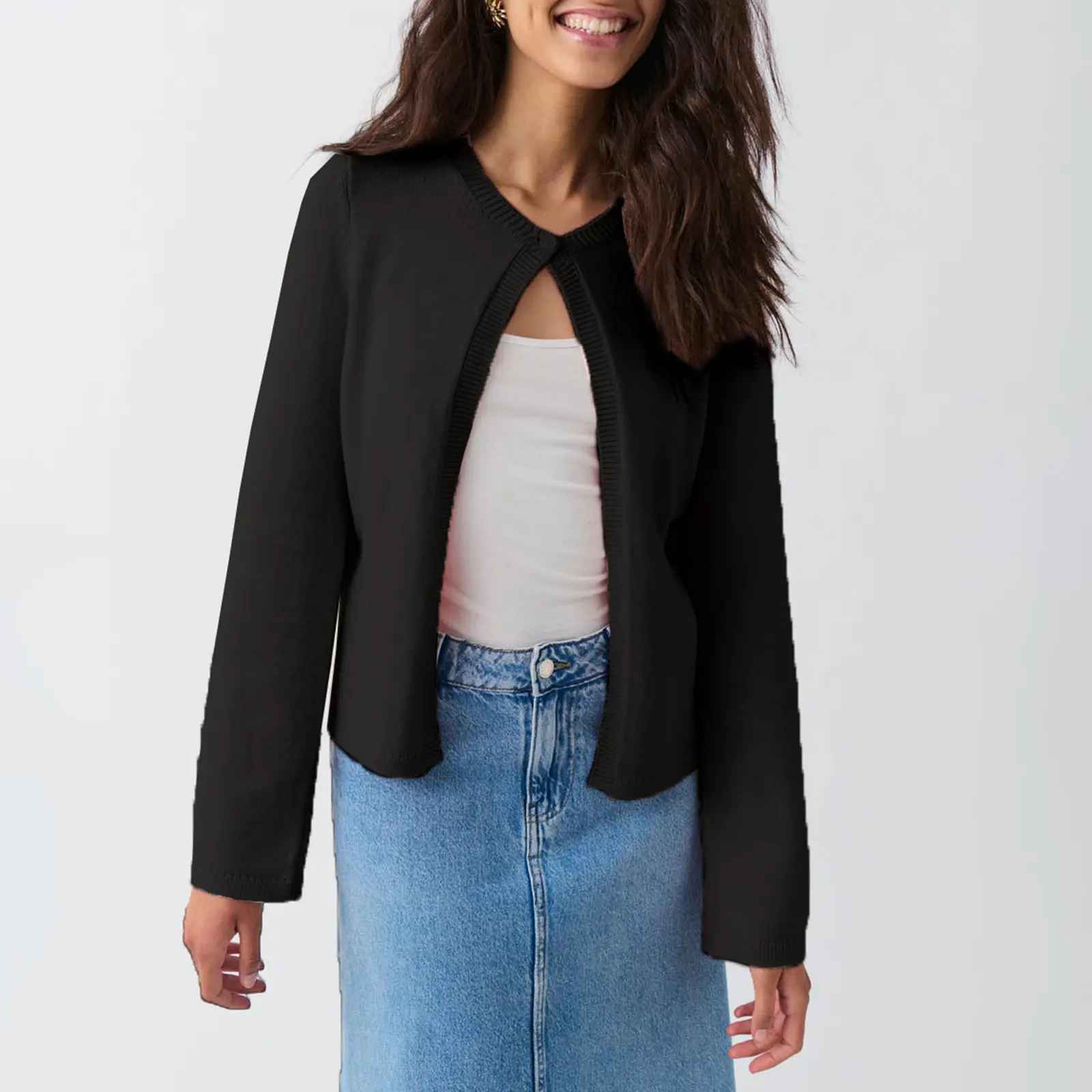 Women's Fitted Cut Cardigan Sweater - Fall Solid Color, 1-Button Open Front, Warm & Cozy, Simple Look Longsleeve Knit Top