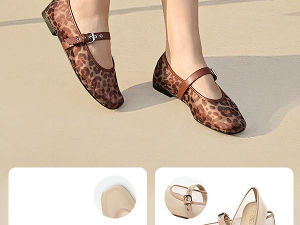 Mesh Ballet Flats for Women Square Toe Buckle Strap Mary Jane Flats Comfortable Casual Ballerina Shoes Footwear Girl Leopard