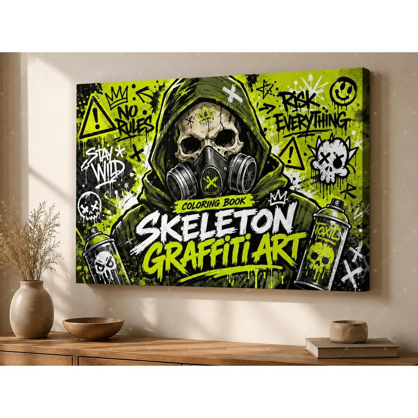 Neon Skeleton Graffiti Canvas Wall Art, Green Street Art Poster Print, Urban Punk Decorative Poster for Living Room Bedroom Game Room Dorm Studio Decor, Unframed or Framed Canvas Wrap
