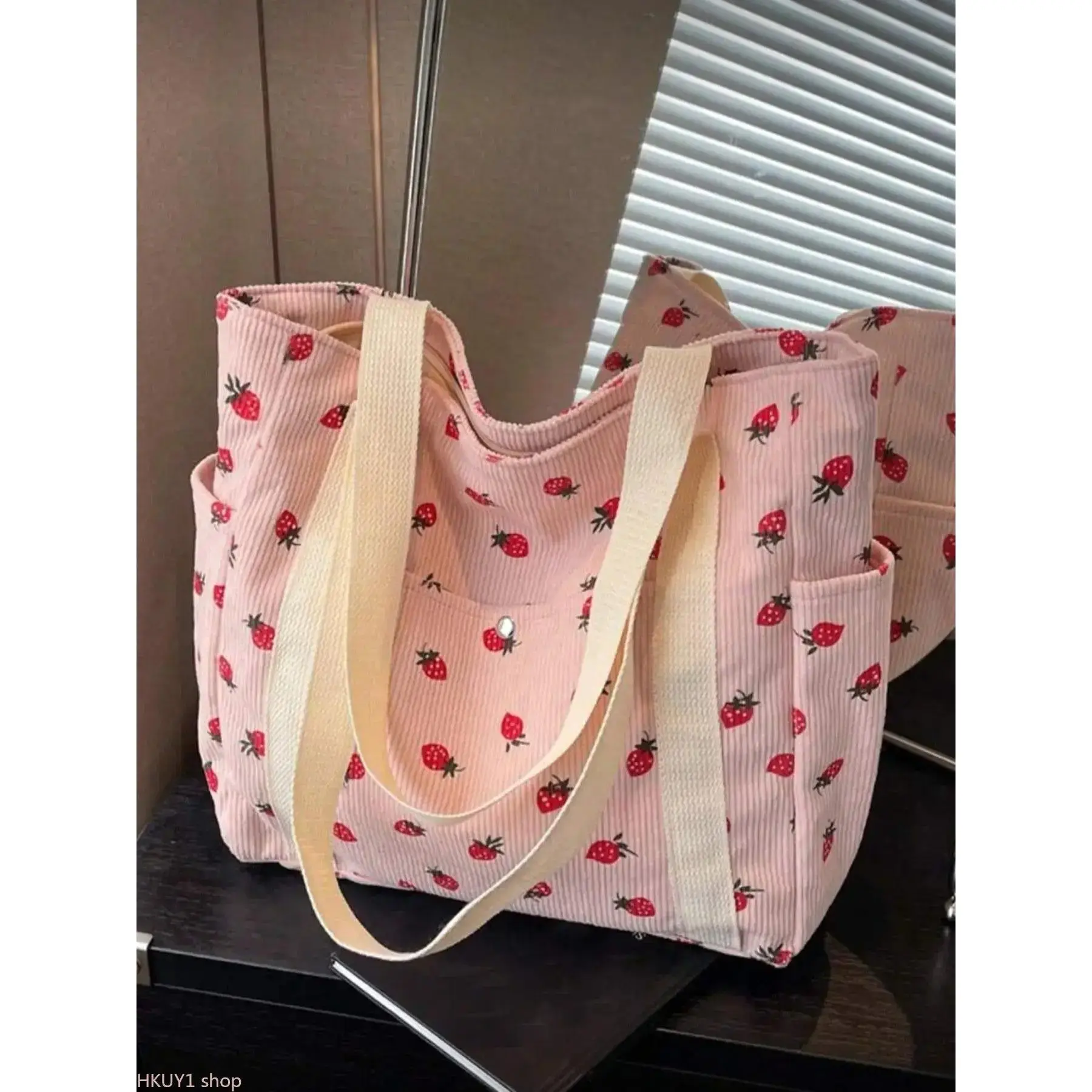 Corduroy Tote Bag for Women with Cute Strawberry Print, Large Capacity Multi-Pocket Shoulder Bag for School, Work, and Travel, Tote Bags