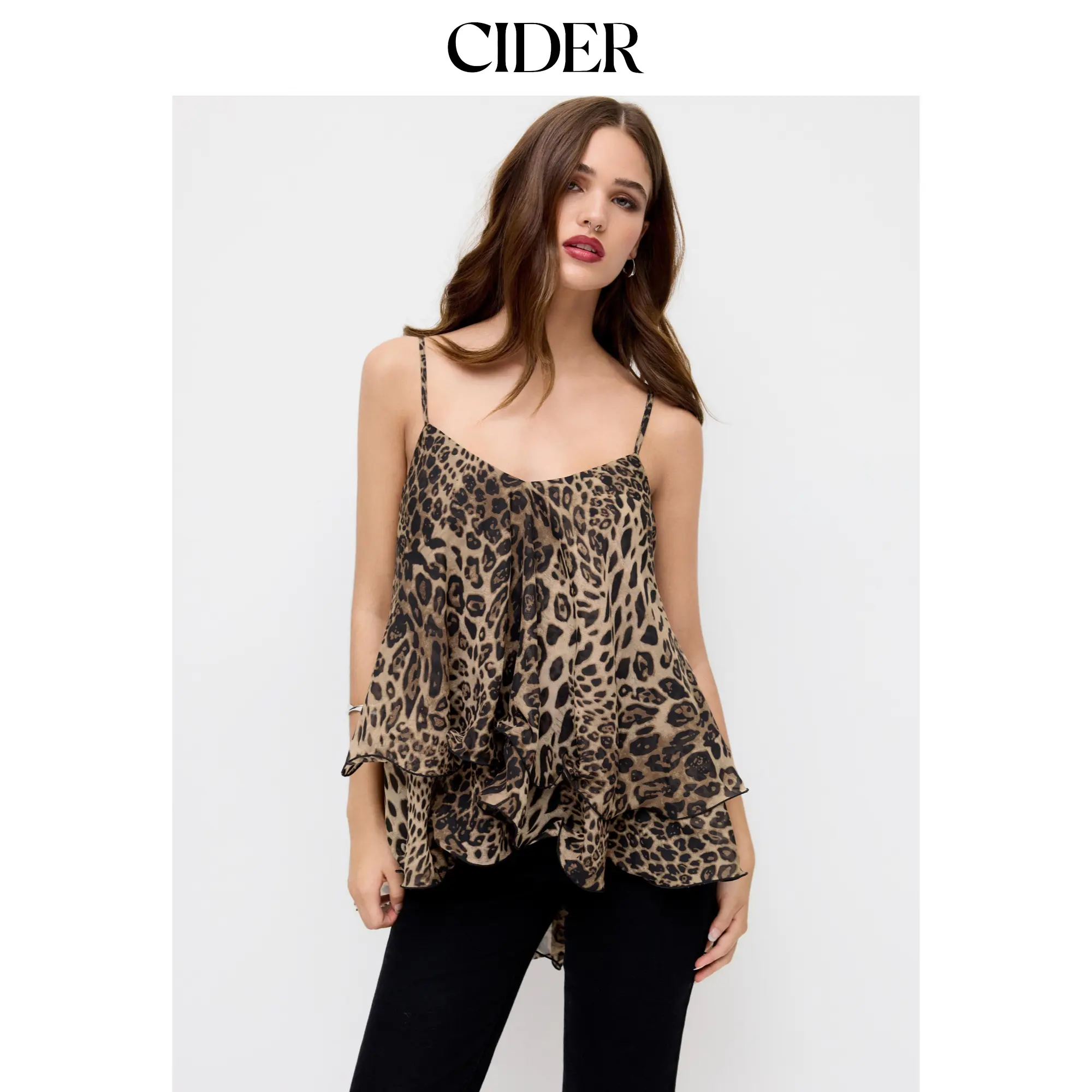 Cider Chiffon Leopard Print V-neck Ruffle Hem knotted Layered Cami Top SummerWins SummerFinds