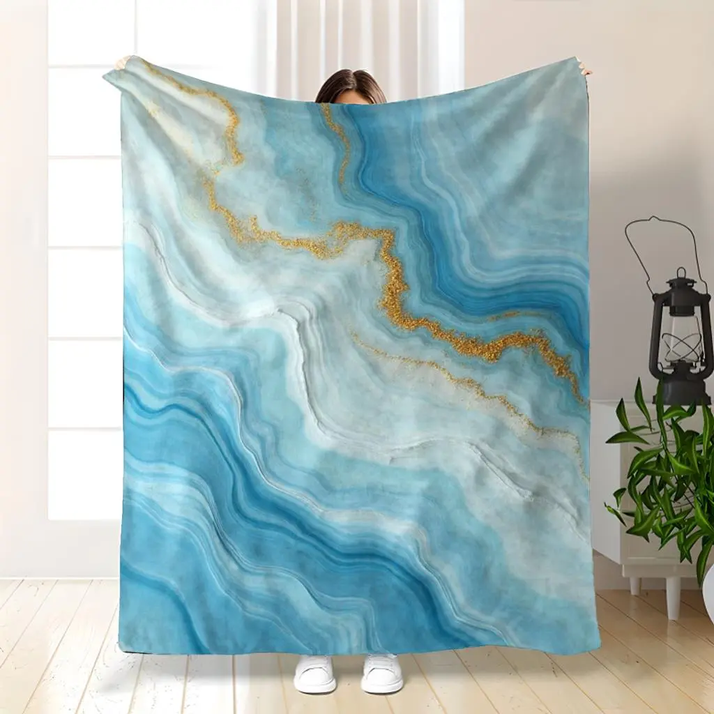 Luxury Turquoise Blue & Golden Marble-Like Flannel Blanket - Turquoise Golden Marble Gradient, Plush 280GSM All-Season Lightweight Bedspread, Soft Blue-Green Bedding Throw For QueenKing Size Beds, Machi Blanket, Bed Blanket, Valentine'S Day, New Year