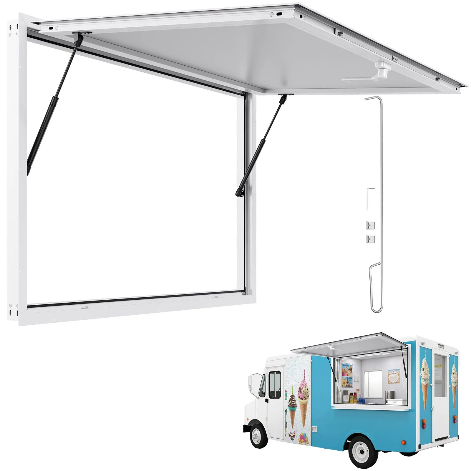 【DealsForYouDays】VEVOR Concession Window 53x33 in, Aluminum Alloy Frame Service Window for Food Truck, Up to 85 Degrees Stand Serving Window with Awning Door and Drag Hook, Rainwater Resistant for Concession Trailers
