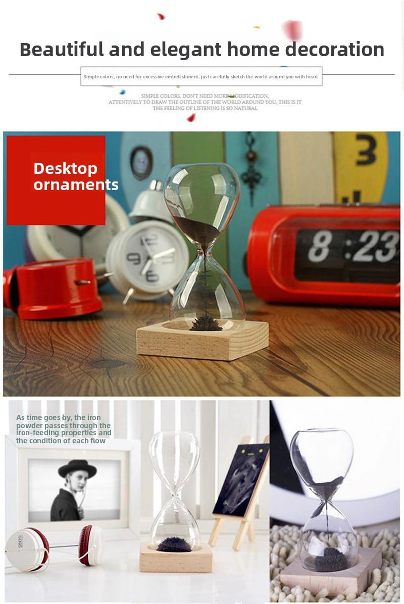 Magnetic Hourglass with Wooden Base - Mesmerizing Iron Filings Sand Timer, Cool Desk Decor Fidget Toy for Office, Unique Stress Relief Gift for Men Women Kids