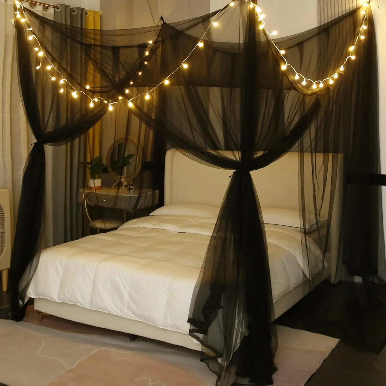 Bed Curtains with Lights,Elegant Bed Curtains Bed Netting for Full Queen King Size Bed,Halloween Decoration,Gothic Black Room Decor