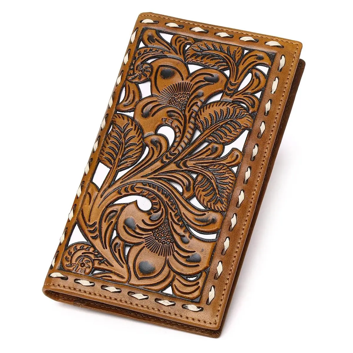 Men's Genuine Full Grain Leather Wallet - Western Floral Embossed Cowboy Checkbook & Credit Card Holder, Men's Accessories, Cowboy Accessories, Gifts for Him Guys Gifts for Husband Christmas, Western Floral Art, Leather That Lasts