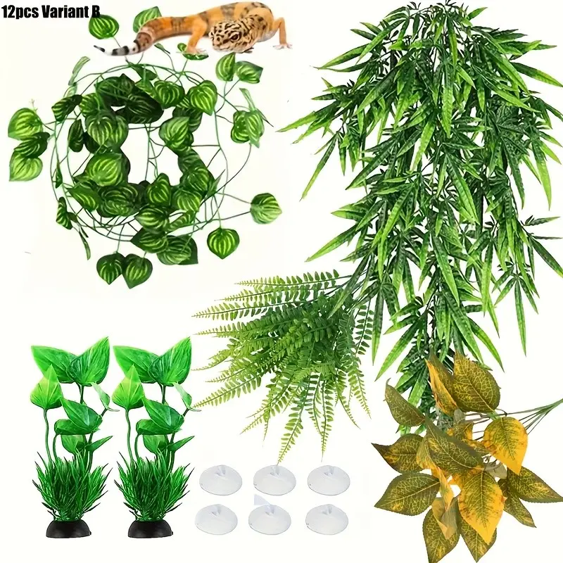 12 Pcs Lizard Gecko Chameleon Habitat Accessories, Artificial Leaf, Fake Plastic Leaves, Fake Greenery, Leopard Print, Snake Skin Decoration, Plastic Material