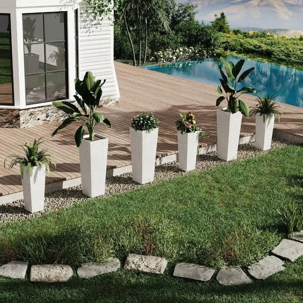 Set of 2 Tall Rattan-Style Outdoor Planters - 30-32 in Large Rectangular Tapered Resin Plastic Pots with Drainage Holes & Removable Insert, All-Weather for Porch/Patio/Garden, White/Black