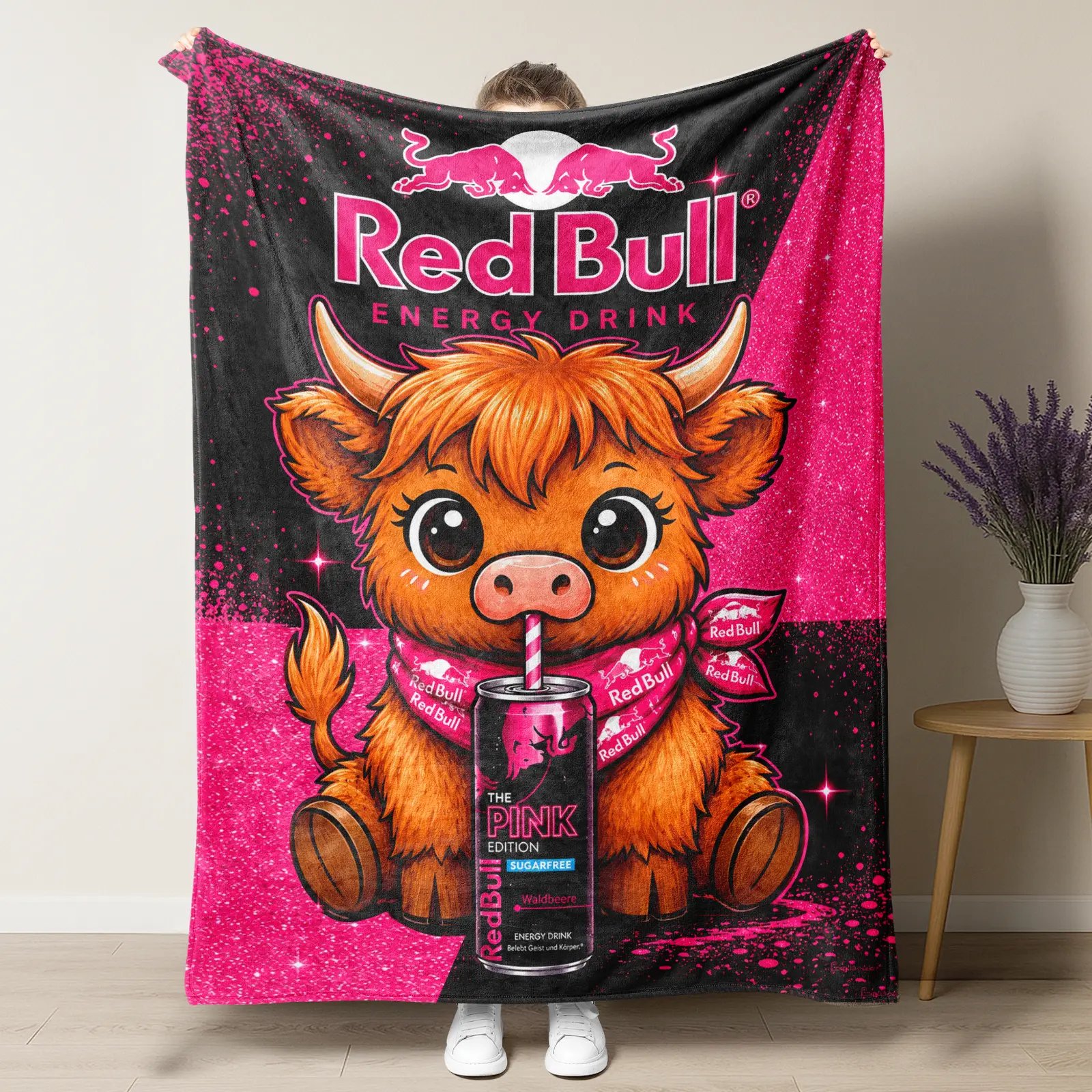 Red Bull Peach Edition Highland Cow Flannel Throw Blanket