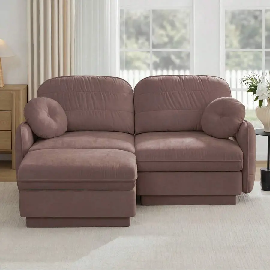 Rhomtree Chenille Cloud L-Shaped Loveseat Sofa,Deep Seat Sofa Couch With Ottoman, Round Pillows And Quilted Back Cushions, Recessed Base Frame Legs, Easy Assembly, Fits Living Room