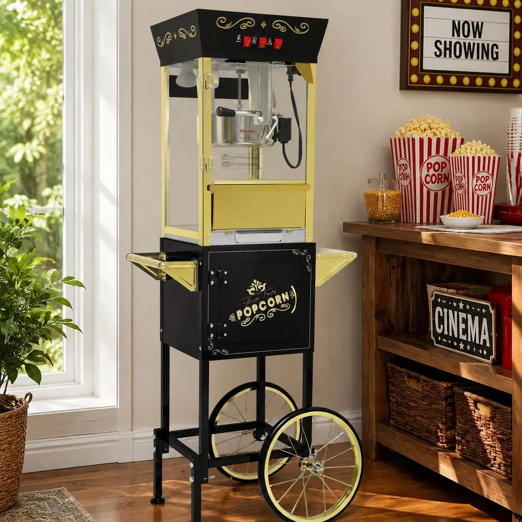 ARCH 12oz Popcorn Machine Cart Vintage Movie Theater Style Popcorn Maker with Stainless Steel Kettle, Wheels, Storage Cabinet, 3-Switch Control, Black, for Home Kitchen Party Events, Black Color Options, Stainless Steel Material, Product Dimensions: