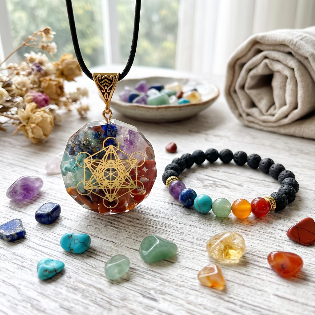 2count Seven Chakra Multicolor Set, Pendant + Bracelet + Necklace + Box.Crafted from 7 Carefully Selected Natural Chakra Crystals with a Transparent Texture, Precisely Corresponding  the Seven Chakras of the Human Body