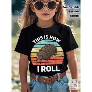 Kids' Funny Roly Poly Bug Cartoon Print Black TShirt, Crew Neck, Casual Cotton Tee, Medium Stretch Knit Fabric, Regular Fit for Boys& Girls Children, Alphabet Pattern, for Spring/Summer/Fall Halloween/Christmas/Thanksgiving/Easter/Valentine' S
