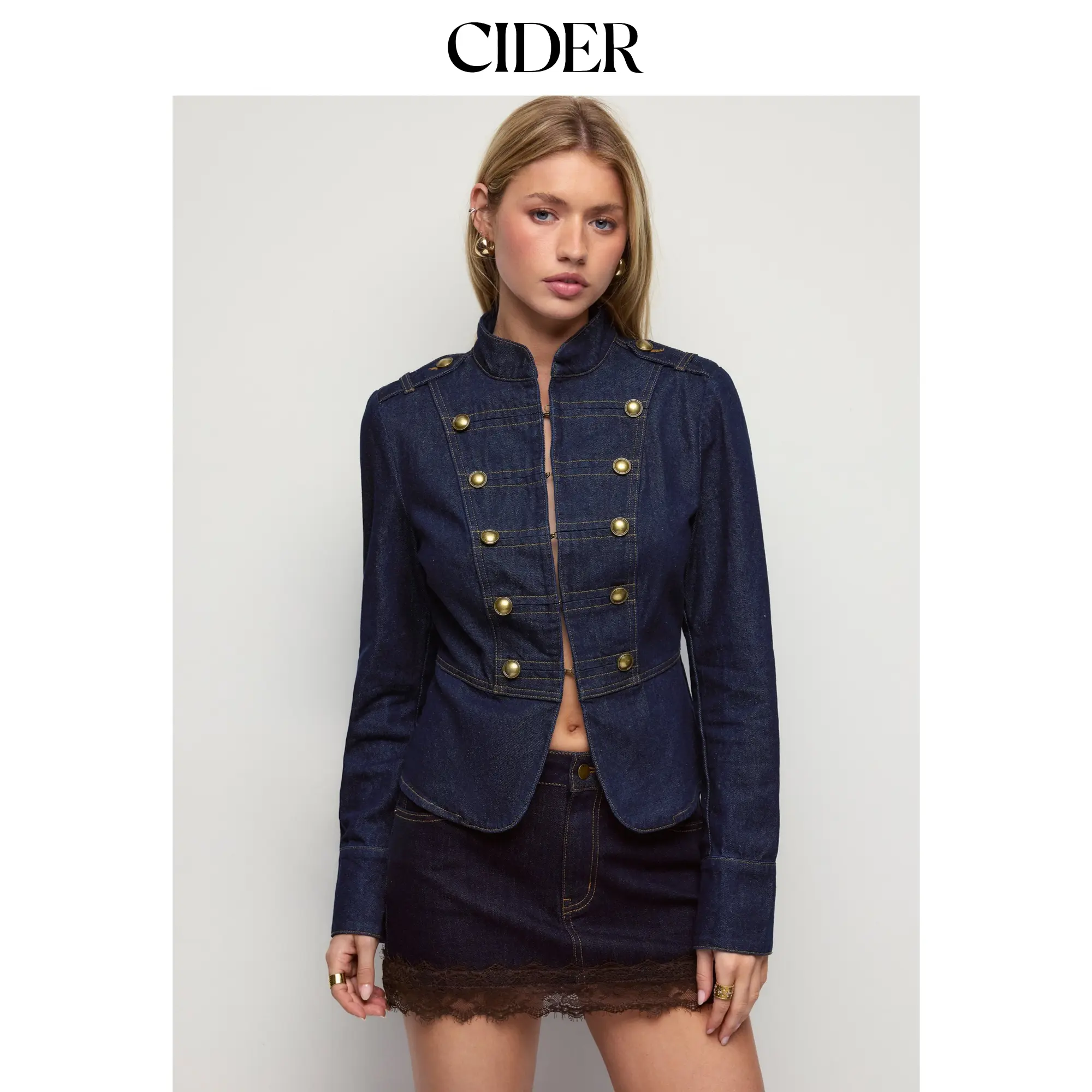 Cider Denim Stand Collar Metal Detail Washed Hook and Eye Military Jacket