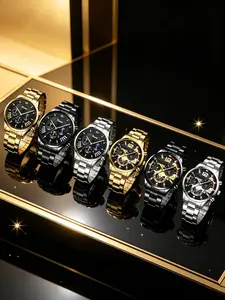 6pcs Men's Multifunctional Steel Band Watch, Business Fashion Quartz Watch, Perfect Gift for Father's Day, Graduation, Birthday