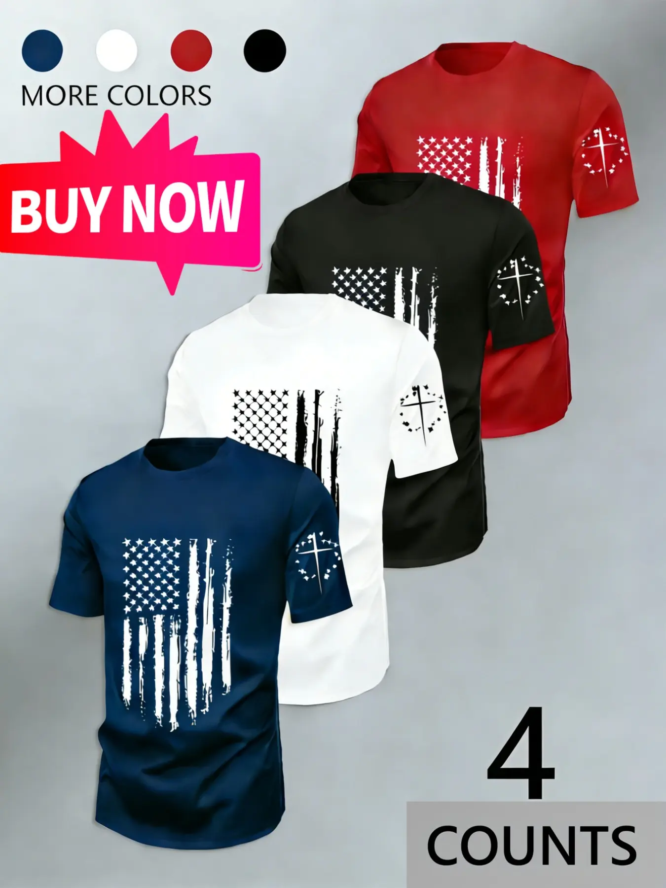 Men's 4-Pack Classic Fashion Streetwear Flag Stripe Short Sleeve T-Shirt, Round Neck, Geometric Pattern, Comfortable, Breathable, Durable, Casual Wear