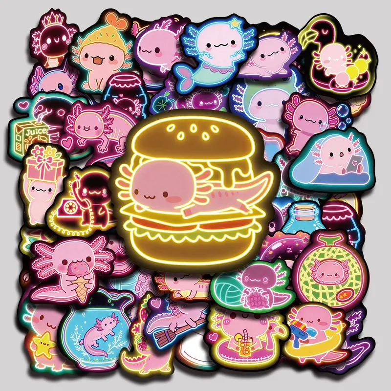 50PCS Neon Axolotl Aesthetic Vinyl Stickers Pack for Laptop Water Bottle Phone Case Skateboard Journal Scrapbook DIY Decoration