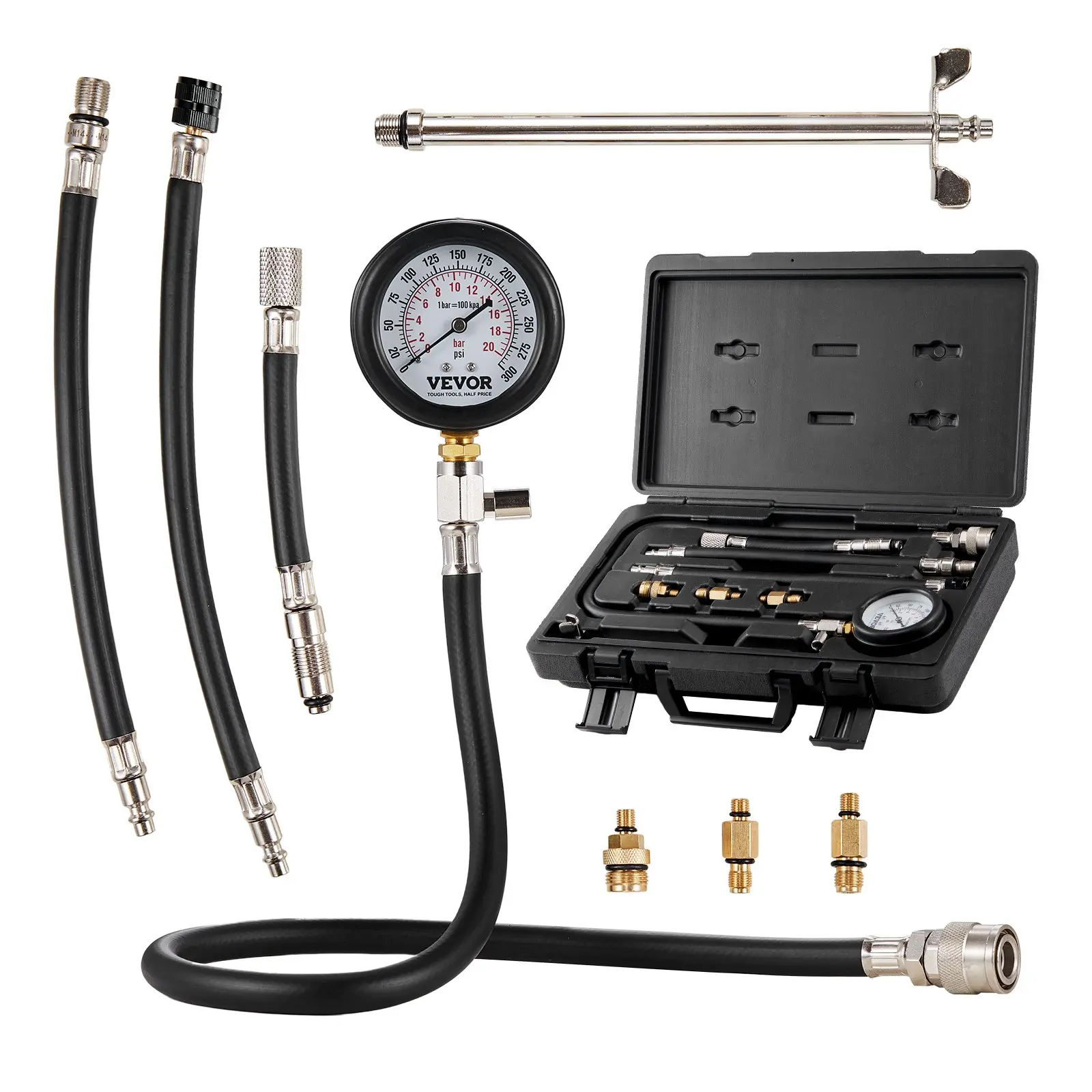 【DealsForYouDays】VEVOR Compression Tester Adapter Kit, 9 Pcs Automotive Engine Cylinder Leak Down Compression Test, Accurate Dual Scale Pressure Gauge 0-300 psi, with Long Reach Hoses and Case for Engine Cylinders