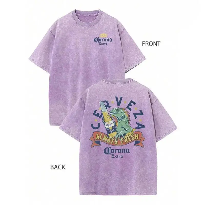 Women's Acid Wash Corona Extra Cerveza Graphic Cotton T-Shirt, Vintage Beer Lover Garment, Unisex Retro Streetwear Top, Always Fresh Design, Casual Comfort Fit, Official Style Apparel, Ideal for Beach & Summer, Shortsleeve